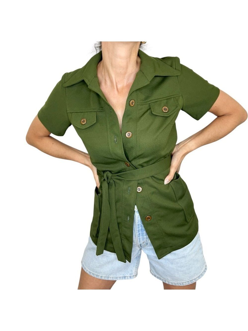 Vintage 70s NWT Eatons green belted double knit safari bush jacket blazer XS